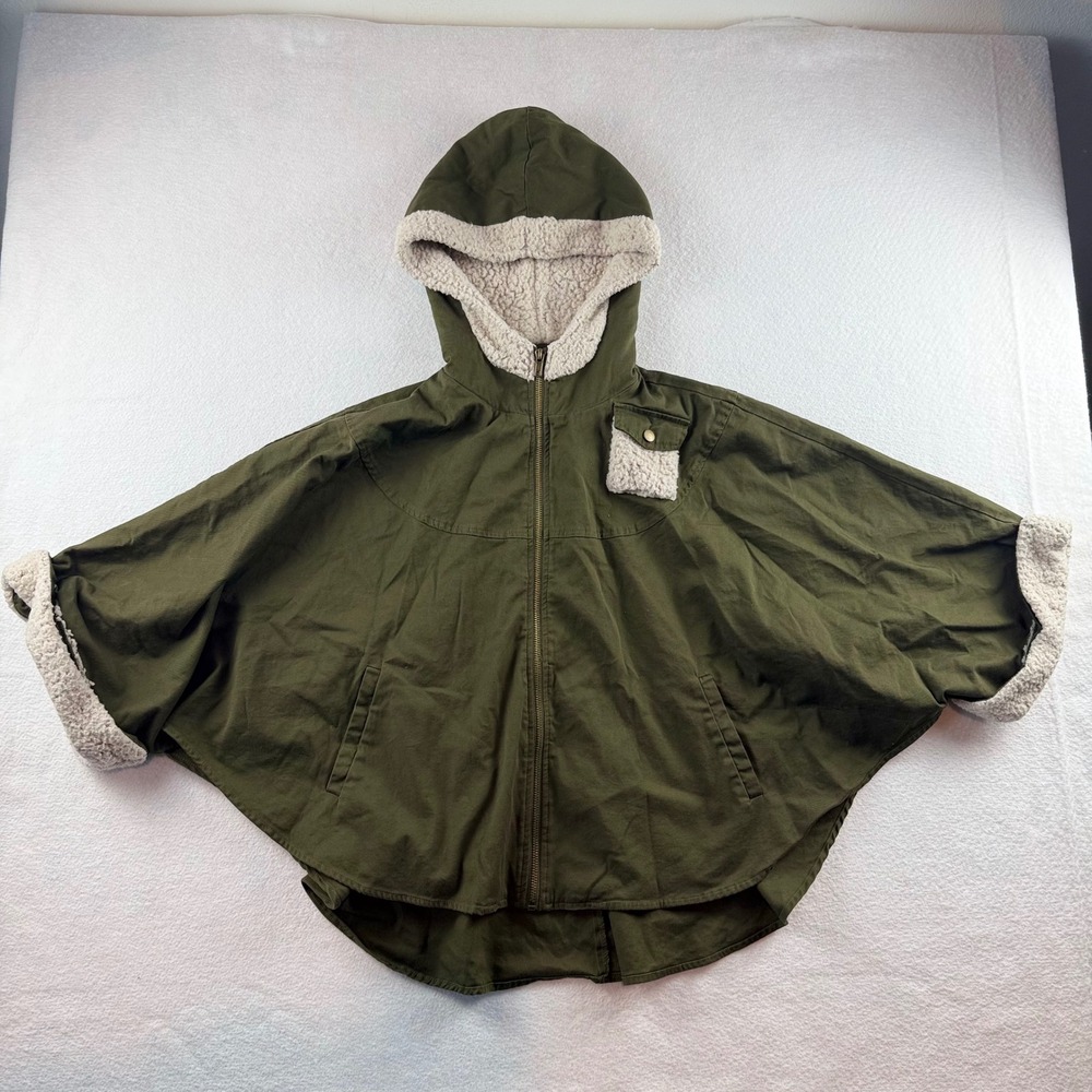 En Creme Olive Green Sherpa Trim Hooded Zip Up Poncho Jacket Small EJ91069TY